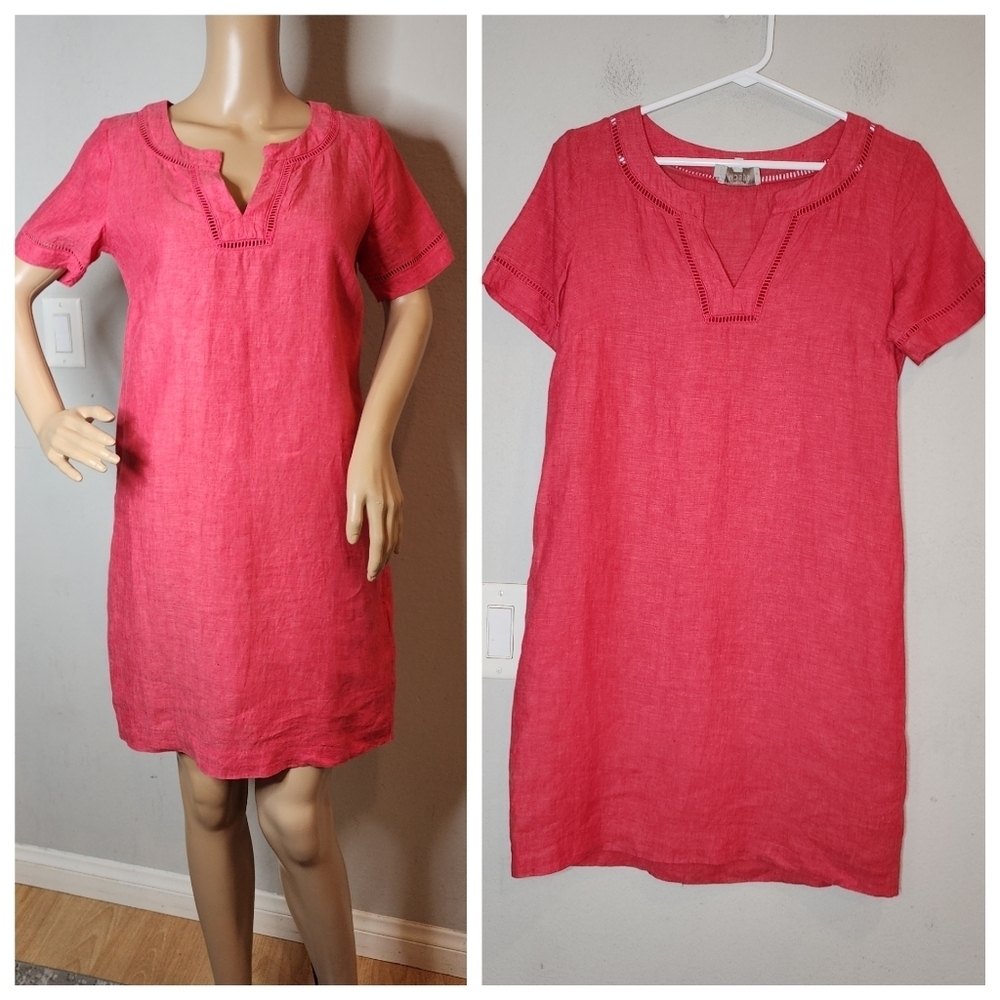 Hobbs 100% Linen Pink Short Sleeve Mini‎ Dress Side Pockets Women's Size 4